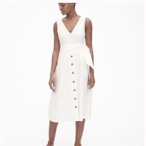 GAP White Linen Blend Midi Dress with Button Detail